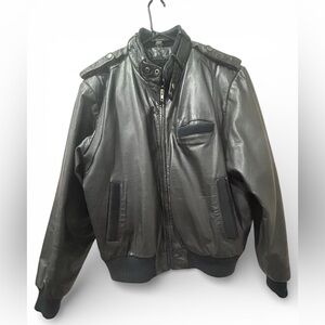 Genuine Black Leather Bomber Moto Jacket with faux fur lining size 44 Utility